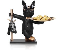 Franse Bulldog Opbergbeeld met Dienblad – Luxe Scandinavische Sleutelhouder & Tafeldecoratie van Resin – Zwart