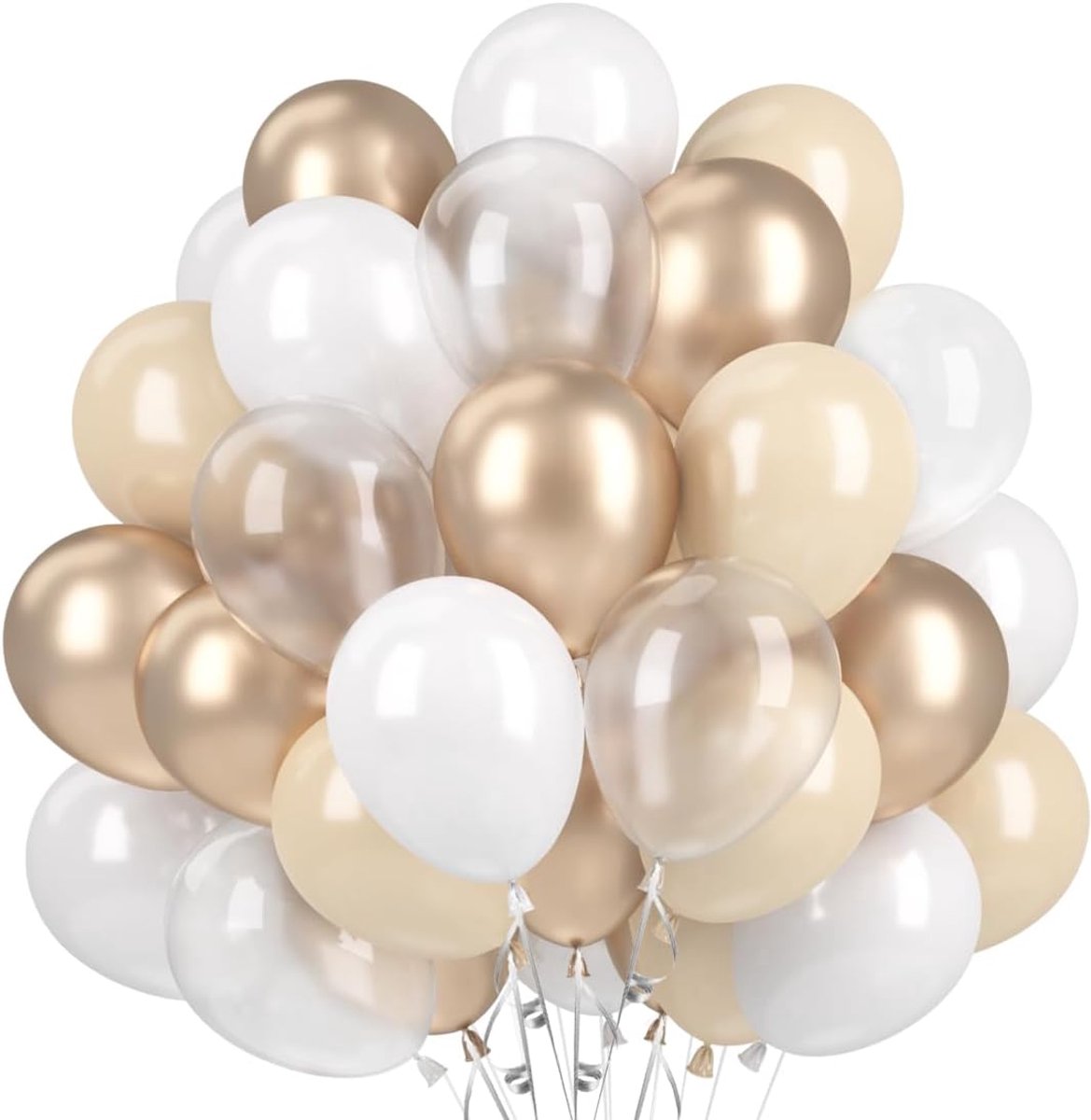OLOEY Ballonnen Beige-Wit(60 stuks)-Heliumballonnen in Crèmewit-Zandkleur-Transparante-Metallic-Champagne-gouden Latexballonnen(12 inch)Nude Partyballonnen voor Boho-bruiloftdecoratie
