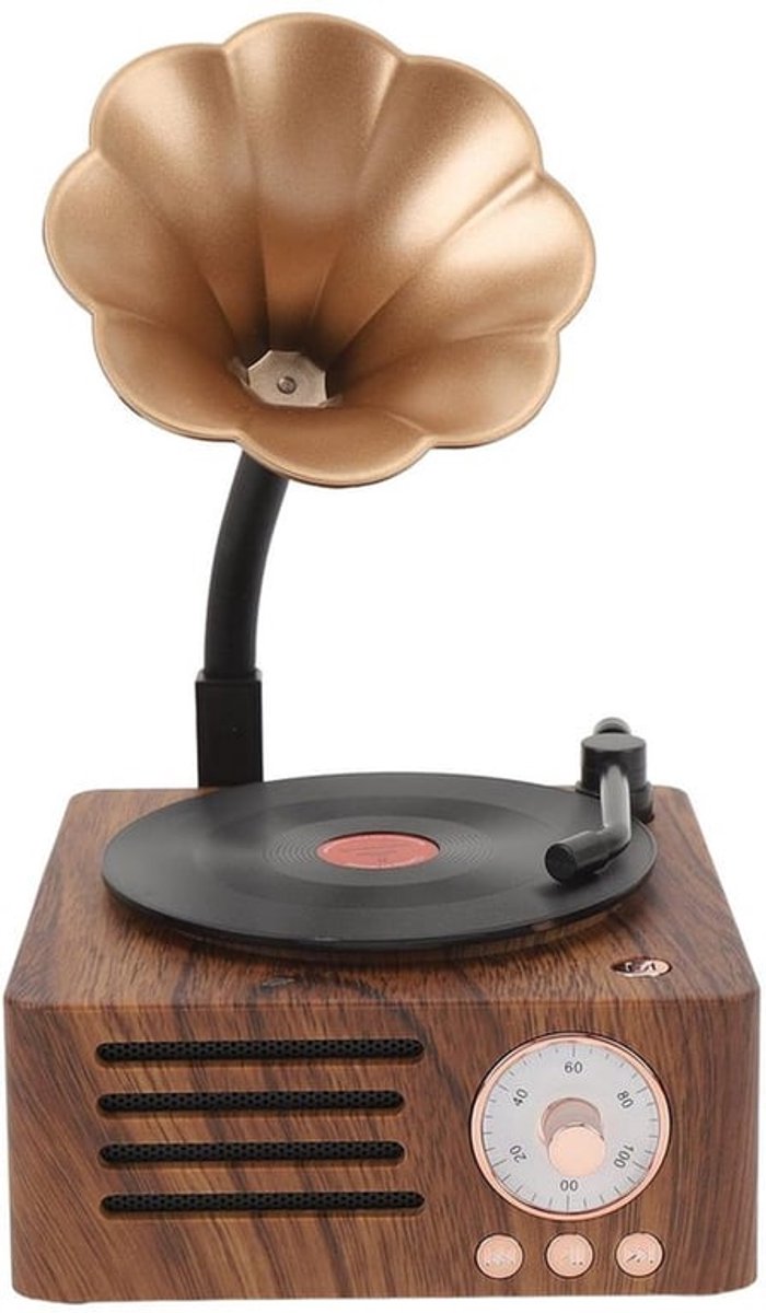 Retro Bluetooth Speaker, 3 in 1 Aux en Radio Vintage Grammofoon Platenspeler met Koperen Hoorn, Stereo Speakers voor Bureau Decoratie