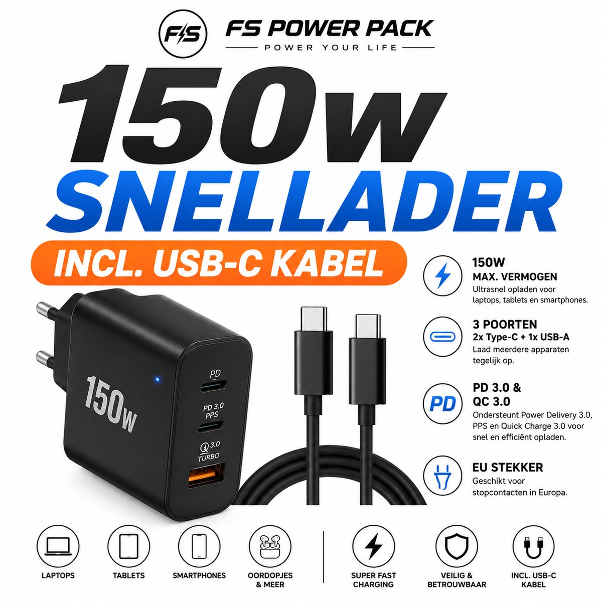 150W Super Fast Charger met USB-C kabel -FS Power Pack 150W USB-C Snellader – 3 Poorten (2x Type-C + USB-A) – PD 3.0 & QC 3.0 – EU Stekker – Zwart-USB-C Kabel