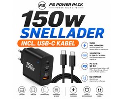 150W Super Fast Charger met USB-C kabel -FS Power Pack 150W USB-C Snellader – 3 Poorten (2x Type-C + USB-A) – PD 3.0 & QC 3.0 – EU Stekker – Zwart-USB-C Kabel