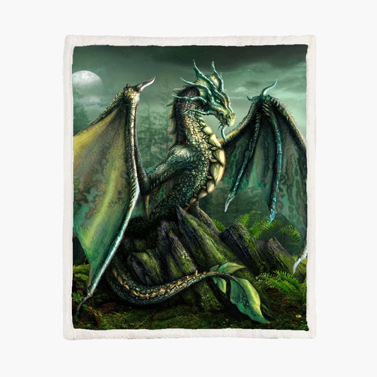 Un dragon vert aux ailes déployées est assis sur des rochers, entouré de mousse et de fougères. La lune est visible dans un ciel brumeux.