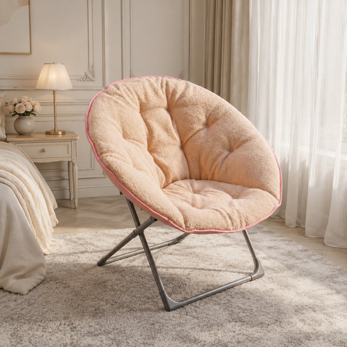 Ligstoel - Fauteuil - Opvouwbaar - Papasan stoel - Maanstoel - Ronde stoel - Relaxstoel - Loungestoel - Comfortabele TV-stoel - Roze