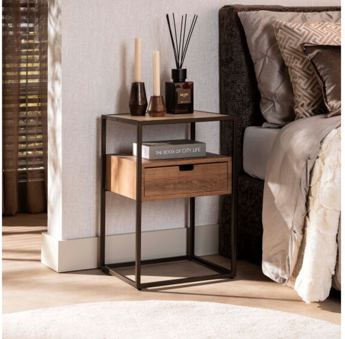 Meubelplaats Tavello - Nachtkastje - 1 lade - Keramiek travertinlook - Japandi - 40x35x60 cm Beige