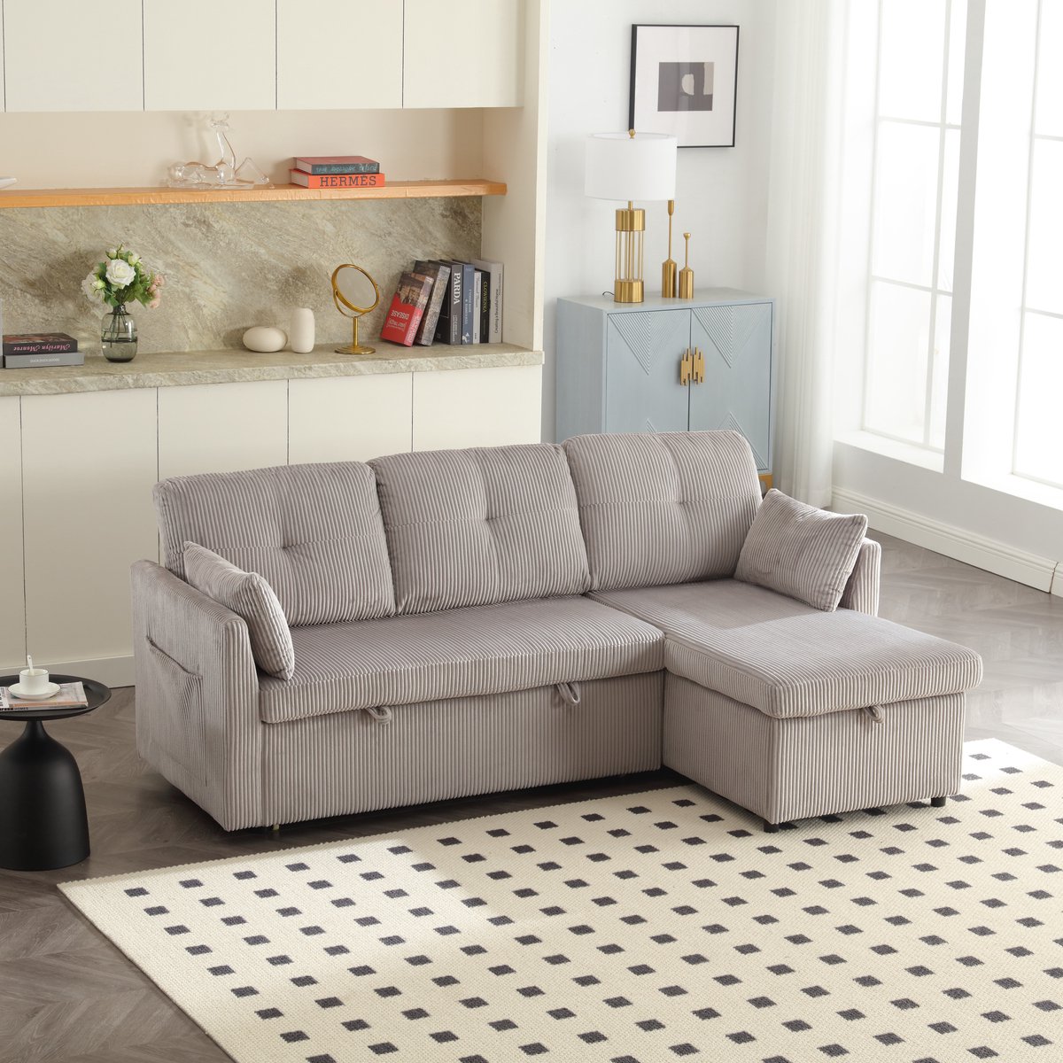 HAUSS SPOLE Hoekbank - Modulaire Slaapbank Nova - L-Vorm Omkeerbaar - Met Opbergruimte & Uittrekbed - 206x108x66 cm - Woonkamer & Gasten - Ribfluweel Lichtgrijs
