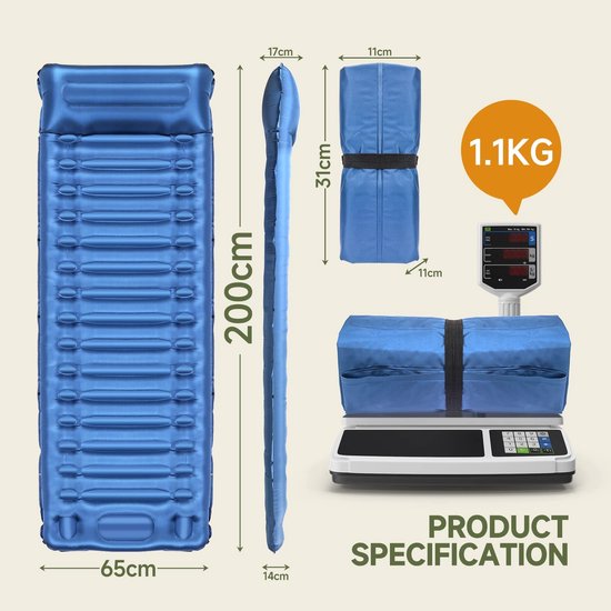 ONF3 - Campingmat - Zelfopblaasbaar - Upgrade slaapmat met kussen - Blauw - Outdoor mat voor wandelen - Geschikt voor tent en strand van Merkloos — afbeelding 5