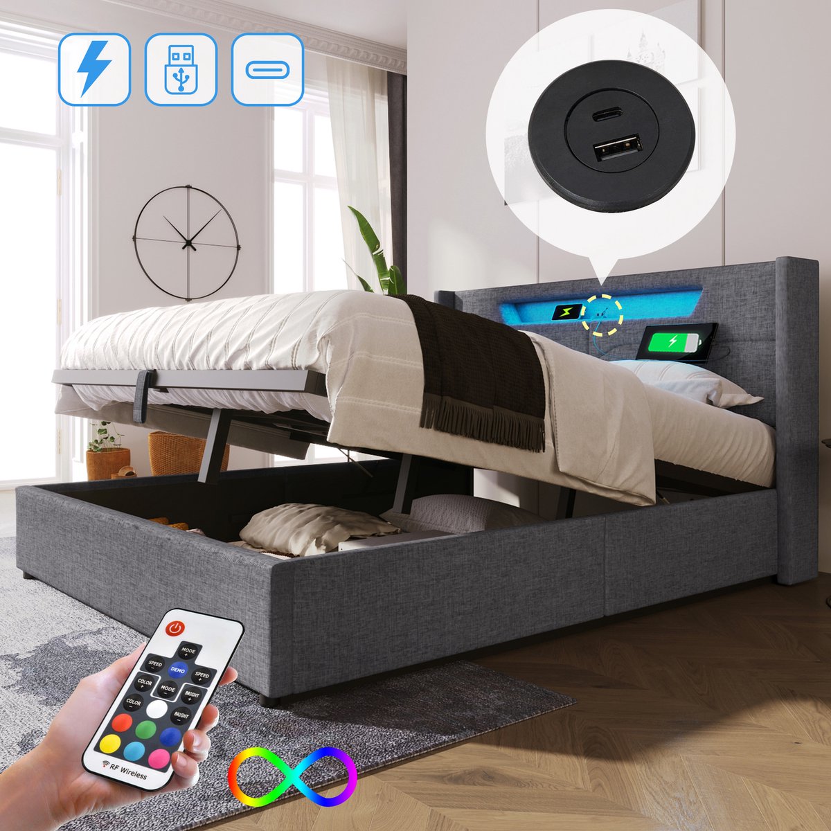 HAUSS SPOLE Gestoffeerd Bed 140x200 cm - Tweepersoonsbed Met Led En USB C - Met Opbergruimte - Zonder Matras - Linnen - Grijs