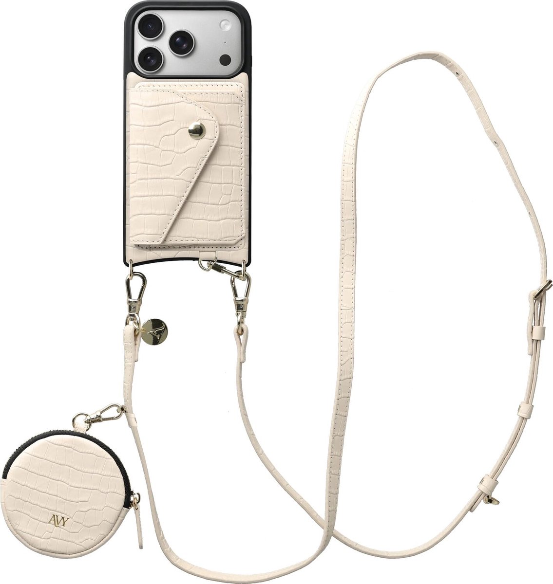 AVY Leren Hoesje geschikt voor Apple iPhone 17 Pro | Met Koord, Wallet en Pouch | Compatibel met MagSafe | Leather Case met 130CM Koord | Long Leather | Croco Beige