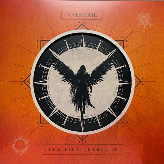 Albumhoes met de titel "VALKYRIE THE FIRST REBIRTH" in oranje en zwart met een silhouet van een gevleugeld figuur.