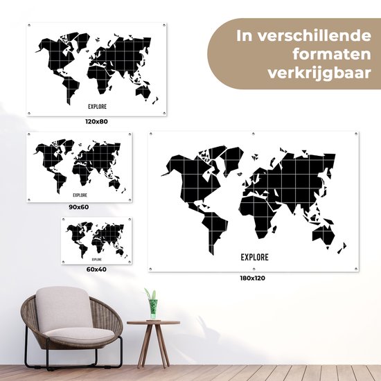 Affiche de jardin mappemonde noire avec lignes blanches 120x80 cm