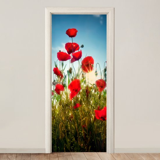 Sticker pour porte Coquelicots - Toscane - Soleil - Rouge - Blauw - 75x205 cm - Affiche de porte