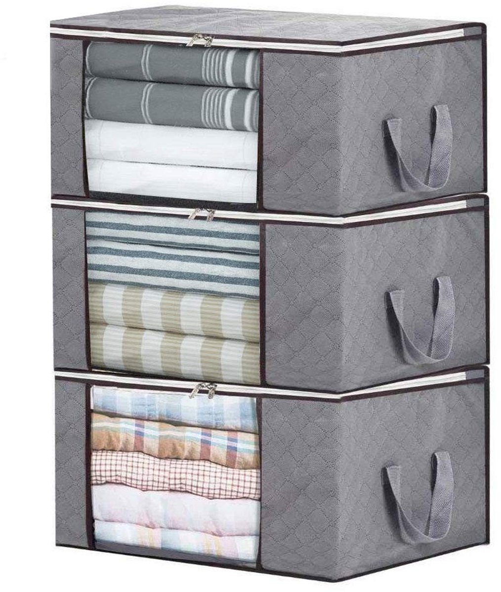 ONF3 - Opbergzakken - Opbergtassen - Duurzaam en Vouwbaar - Grijs - Voor Kleding en Dekens - Ideaal voor Seizoensopslag - 3 Stuks
