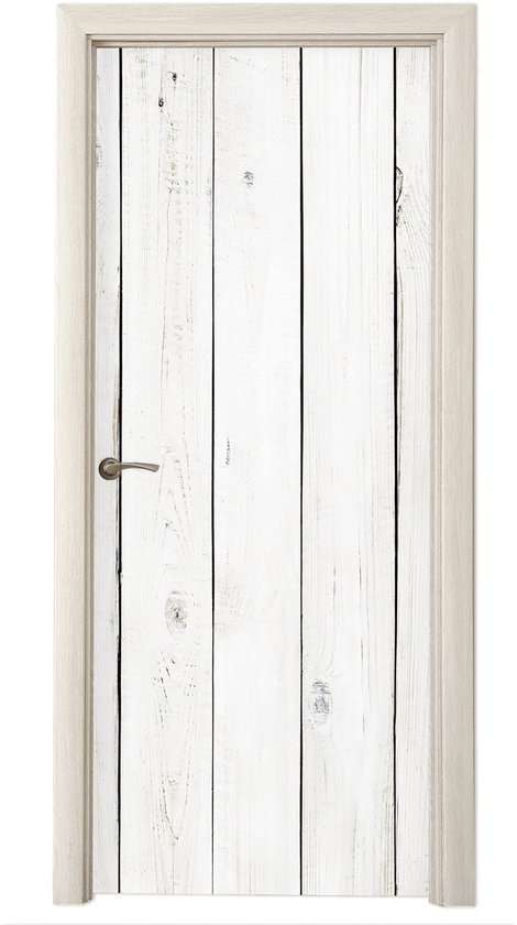 Witte deur met verticale planken en een lichte houten deurpost.