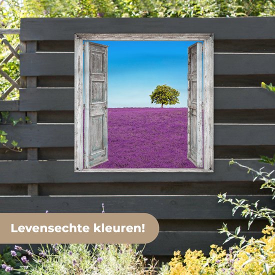 Affiche de jardin - Violet - Lavande - Arbre - Vue - Jardin - 100x100 cm - Décoration clôture - Peinture jardin - Tissu jardin