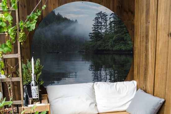 Affiche de jardin autour de Haida Gwaii - Brouillard sur le lac de l'archipel Haida Gwaii au Canada Affiche de jardin - Affiche de jardin ronde 150x150 cm - Toile de jardin / Toile d'extérieur / Peintures d'extérieur (décoration de jardin)