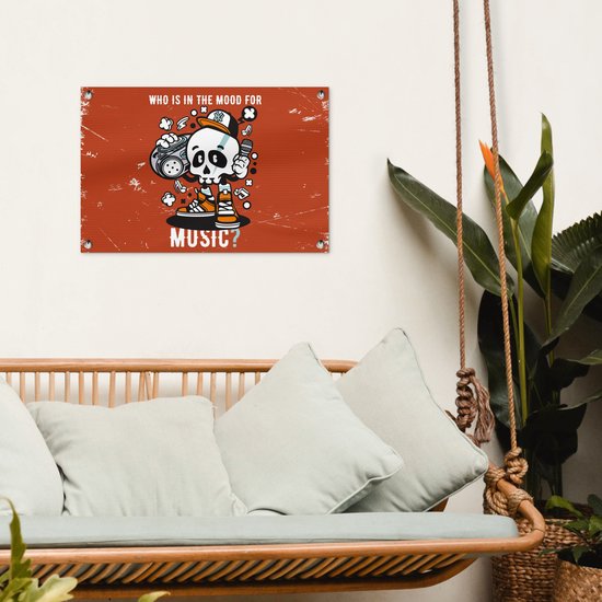 Tuinposter 60x40 cm - Tuindecoratie Vintage - Schedel - Muziek - Poster voor in de tuin - Buiten decoratie - Schutting tuinschilderij - Tuindoek muurdecoratie - Wanddecoratie balkondoek