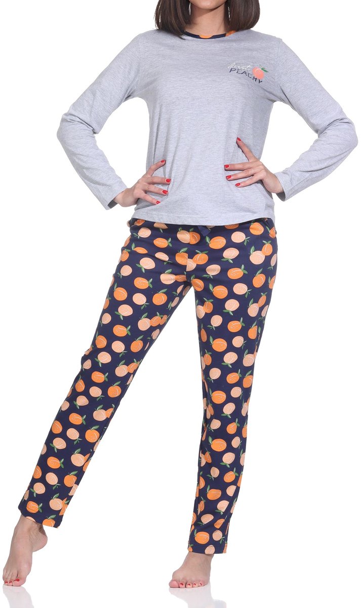 Normann damespyjama met lange mouwen – ‘Peachy’-ontwerp – zacht jerseycomfort grau-mel.