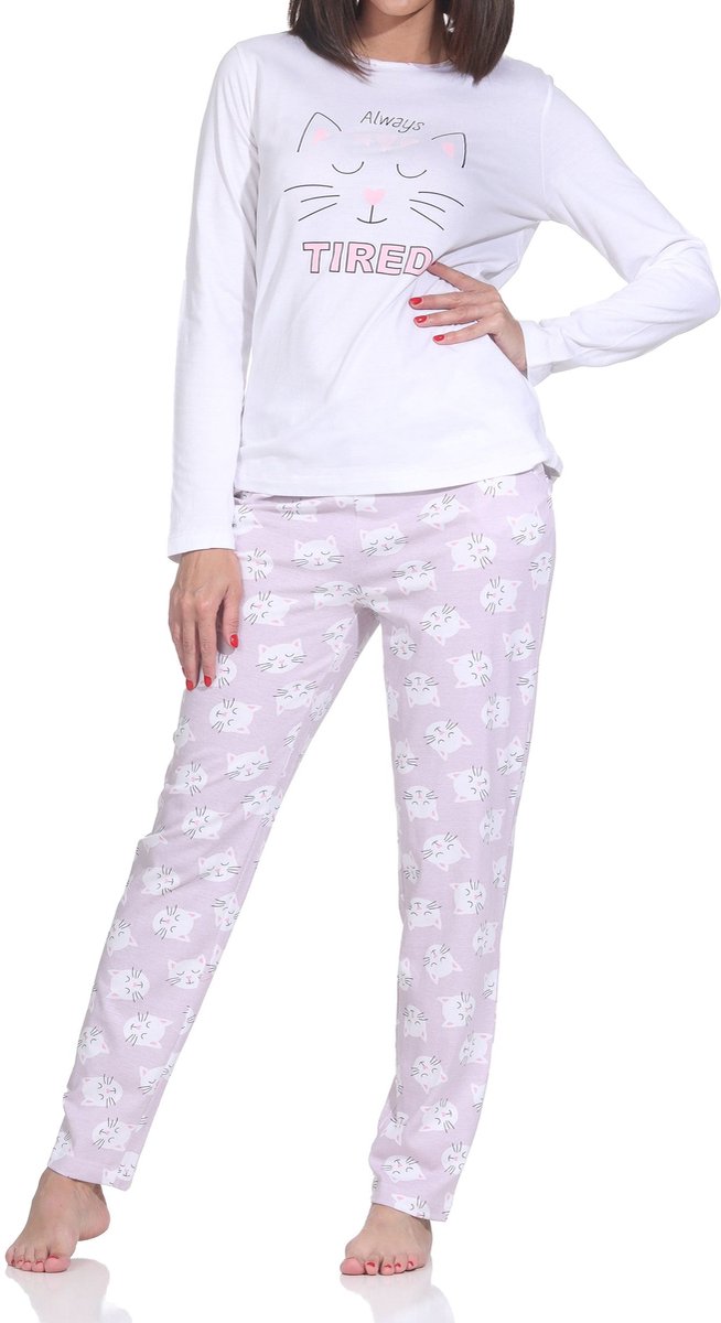 Normann dames pyjama met lange mouwen en kattenmotief – ook in grote maten flieder