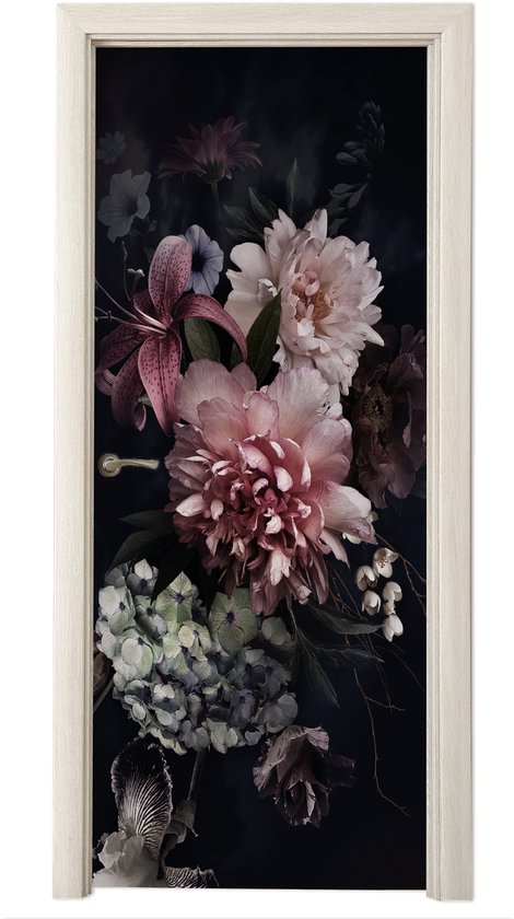 Deurposter 80x205 cm - Deursticker Bloemen - Vintage - Pastel - Roze - Wit - Meubelfolie zelfklevend - Deurfolie woonkamer - Interieurfolie fotobehang - Deur plakfolie - Deurstickers - Deurbehang sticker - Kamer decoratie