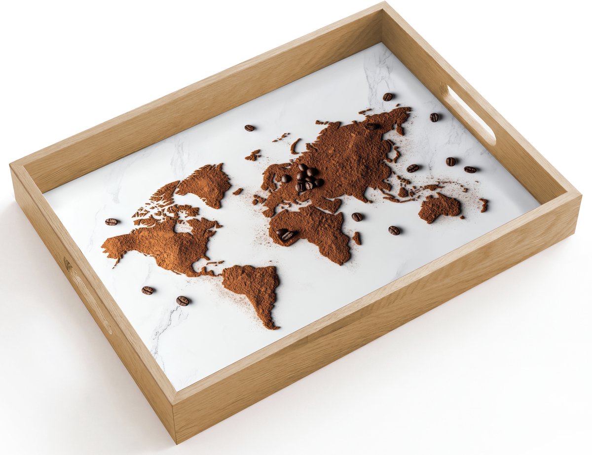 Dienblad hout 40x30 cm - Schootdienblad - Wereldkaart - Koffie - Marmer - Borrelplank rechthoek - Plateau dienbladen