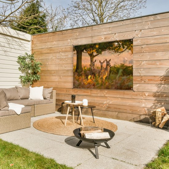 Tuinposter 120x80 cm - Tuindecoratie Herfst - Zon - Herten - Poster voor in de tuin - Buiten decoratie - Schutting tuinschilderij - Tuindoek muurdecoratie - Wanddecoratie balkondoek