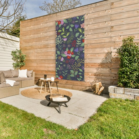 Tuinposter 80x160 cm - Tuindecoratie Een bloemdessin illustratie met veel kleur - Poster voor in de tuin - Buiten decoratie - Schutting tuinschilderij - Tuindoek muurdecoratie - Wanddecoratie balkondoek