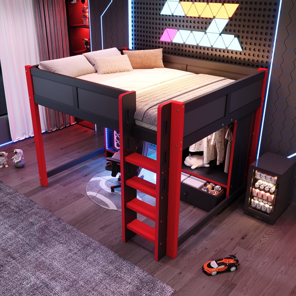 MODFU Hoogslaper – 140x200 cm – Bureau & Kledingkast – LED – Grenen – Zwart & Rood Zwart+Rood