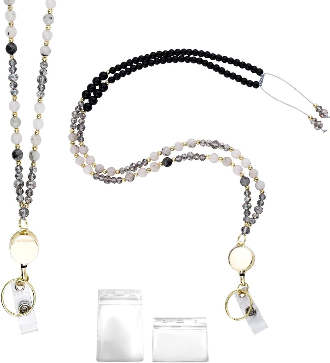 Elegante Retractable Lanyards met Natuurlijke Steen Kralen voor ID Badge, Perfect voor Werk, School en Evenementen met Sleutelhanger en ID Houder