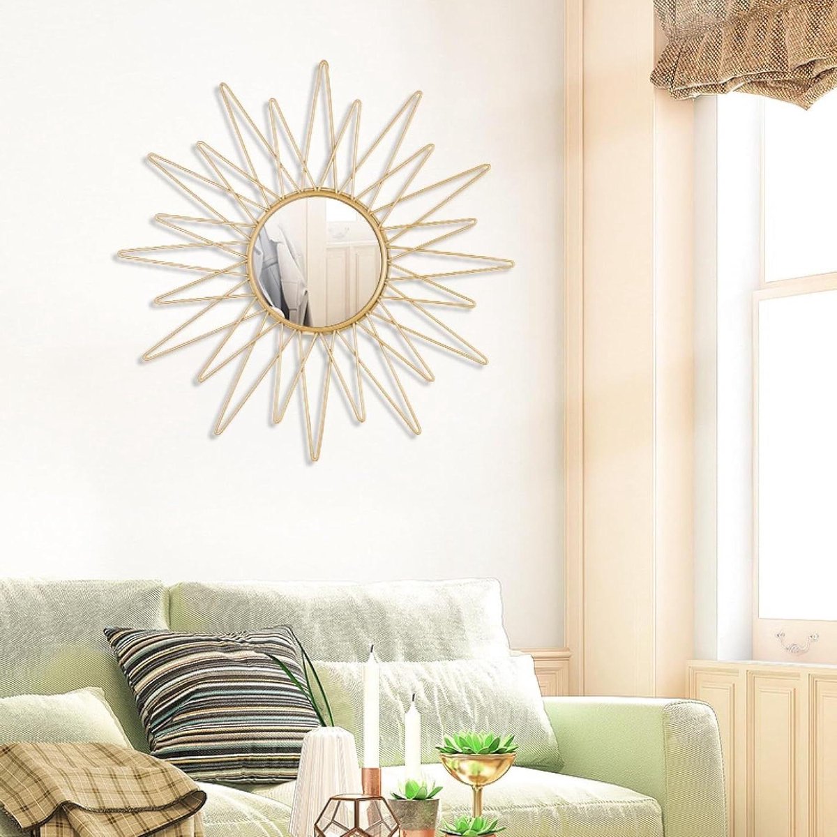 Gouden Sunburst Spiegel - Boho Wandspiegel - Woonkamer Decoreren - Artistiek Sunburst Ontwerp - 80 x 80 centimeter - Goud
