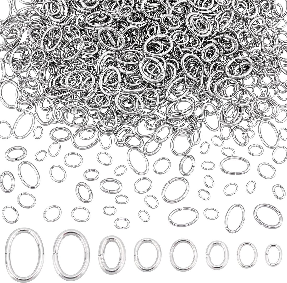 800 Stuks Oval Jump Rings in 8 Stijlen, 304 RVS Open Jump Rings voor DIY Sieraden, Earring, Armband en Ketting Creaties, Lengte 4mm~8mm