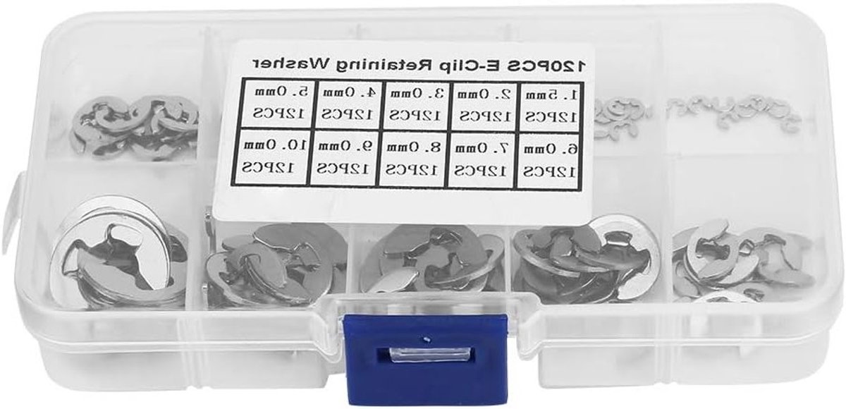 Plastic box met 120 stuks RVS E-clips, assortimentsset van interne en externe retaining rings van 1.5mm tot 10mm