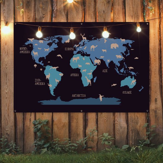 Carte du monde simple avec des animaux aux couleurs flexa Poster de jardin 180x120 cm XXL / Groot format!