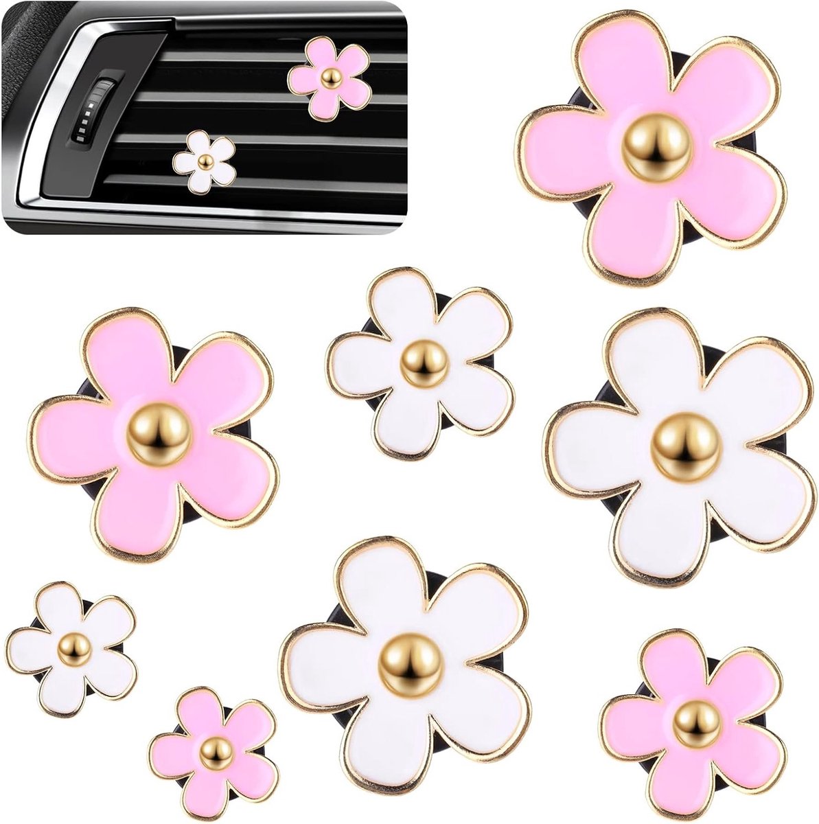 Aromatherapie Auto Luchtverfrisser Clip met 8 Stuks Madeliefjes - Interieurdecoratie voor Vrouwen, Essentiële Olie Diffuser en Auto Accessoires (Roze, Wit)
