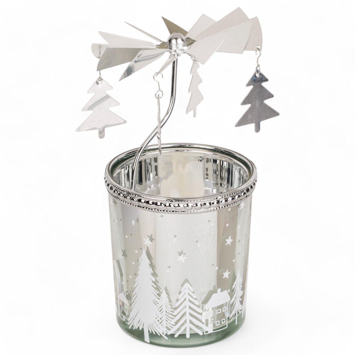 Rotating Tealight Carousel - Kerst Theelichthouder Mini Pyramid 12cm - Zilver