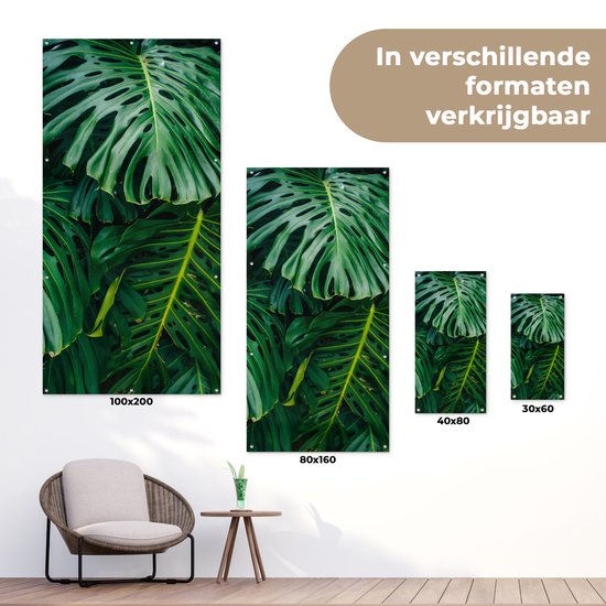 Tuinposter 30x60 cm - Tuindecoratie Donkergroene botanische bladeren in een tuin - Poster voor in de tuin - Buiten decoratie - Schutting tuinschilderij - Tuindoek muurdecoratie - Wanddecoratie balkondoek