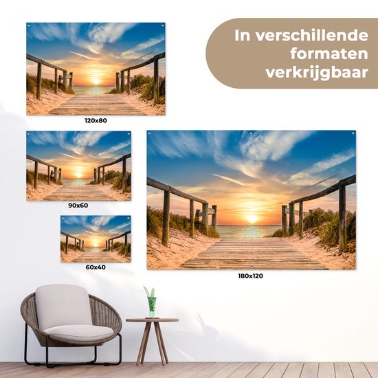 Tuinposter strand - Tuindecoratie zonsondergang - 120x80 cm - Wanddecoratie voor buiten - Schutting decoratie - Buitenposter - Schuttingdoek - Tuindoeken - Tuin doek - Balkon poster