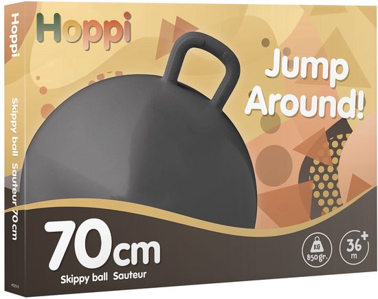 Verpakking van een 70cm Hoppi skippybal in het grijs, met de tekst 'Jump Around!'.