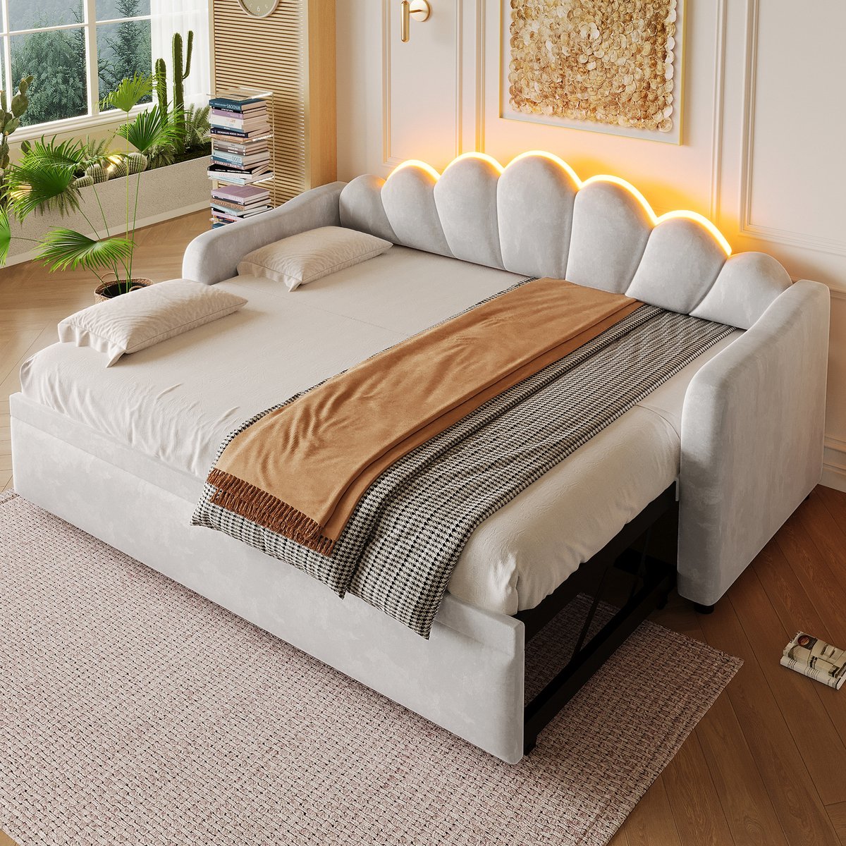 HAUSS SPOLE Gestoffeerd Dagbed 90x200 cm - Met Uitschuifbed En LED-Verlichting - Zonder Matras - Fluweel - Grijs