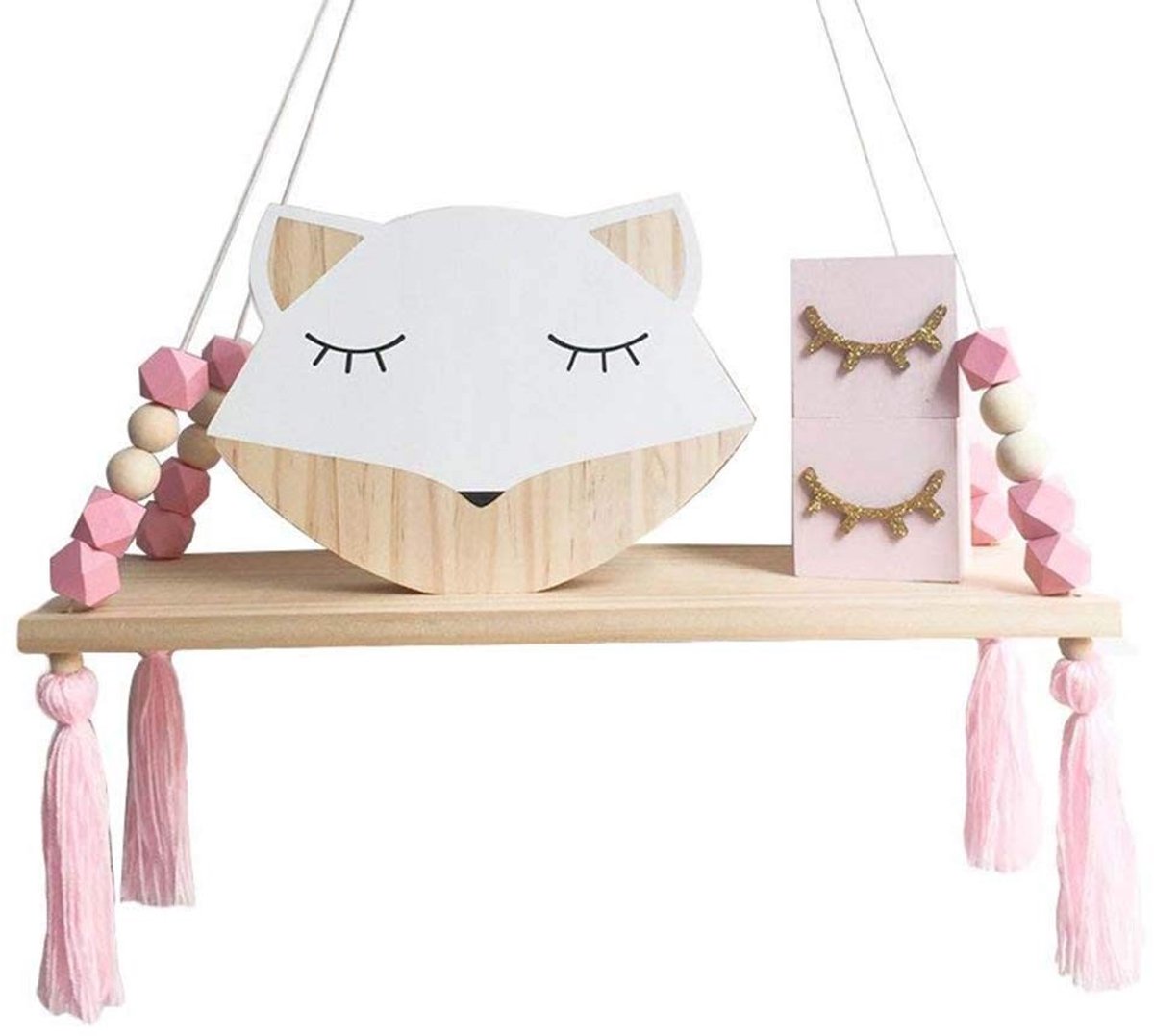 Dailygoods- Muurplank Kindvriendelijk - Wandplank Roze/Wit - Decoratieve Plank - Dennenhout/Touw - 38x14x1cm - Veilig en Stijlvol