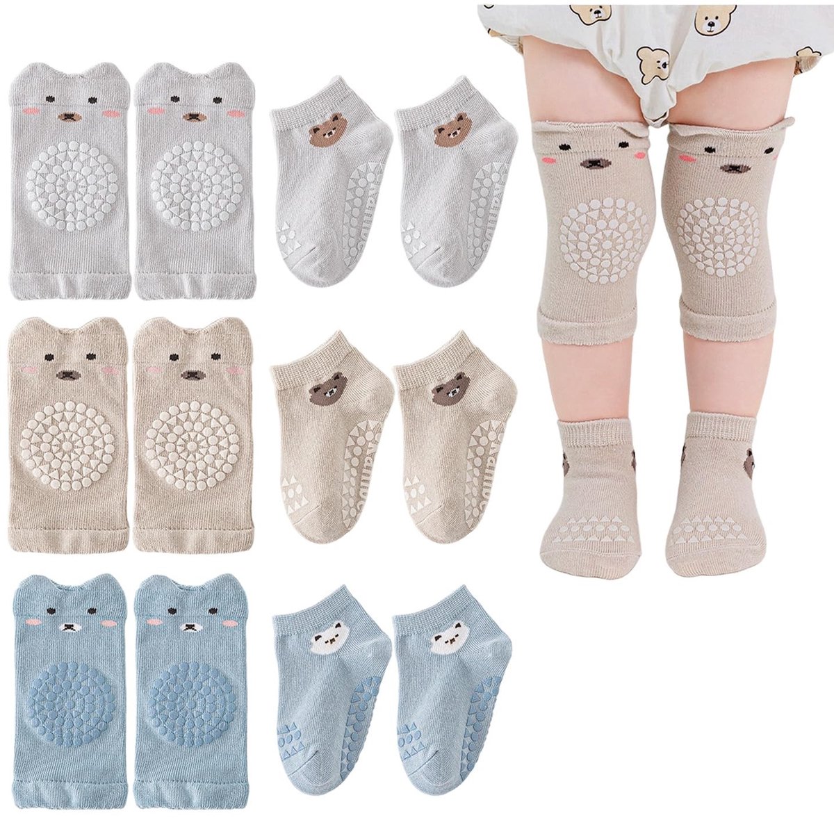 Dailygoods- Babysokken Antislip - 3 Paar - Kruipkniebeschermers - Gekamd Katoen - Comfortabel - Ademend - Voetlengte 12-14 cm - Kruipsokken