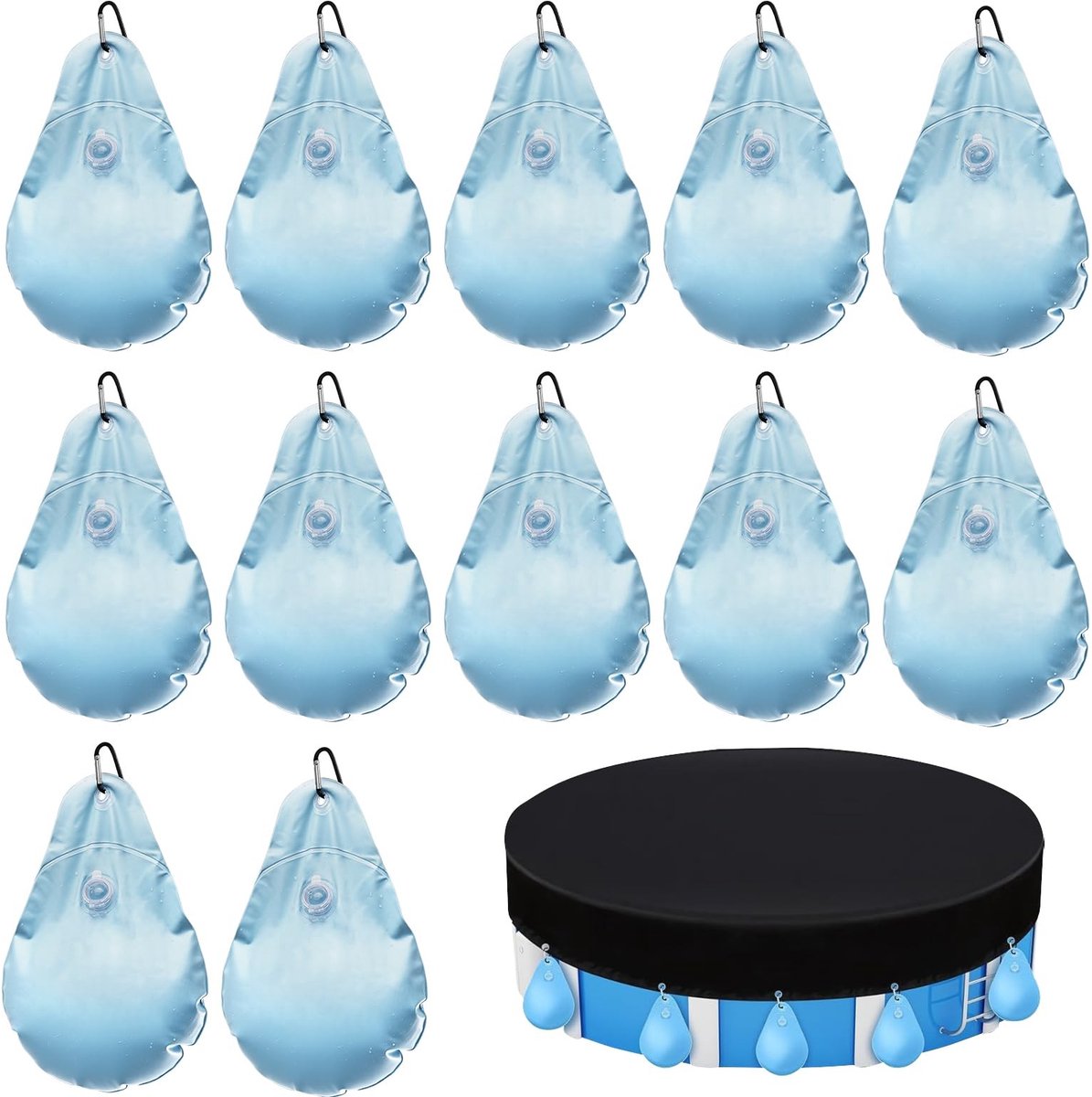 Dailygoods- Zwembadafdekking Gewichten - 12 Stuks - Waterzak - 23 x 34 cm - Hangende Wandtassen met Haken - Versterkt PVC met Antilekventiel - Zwembadgewichten