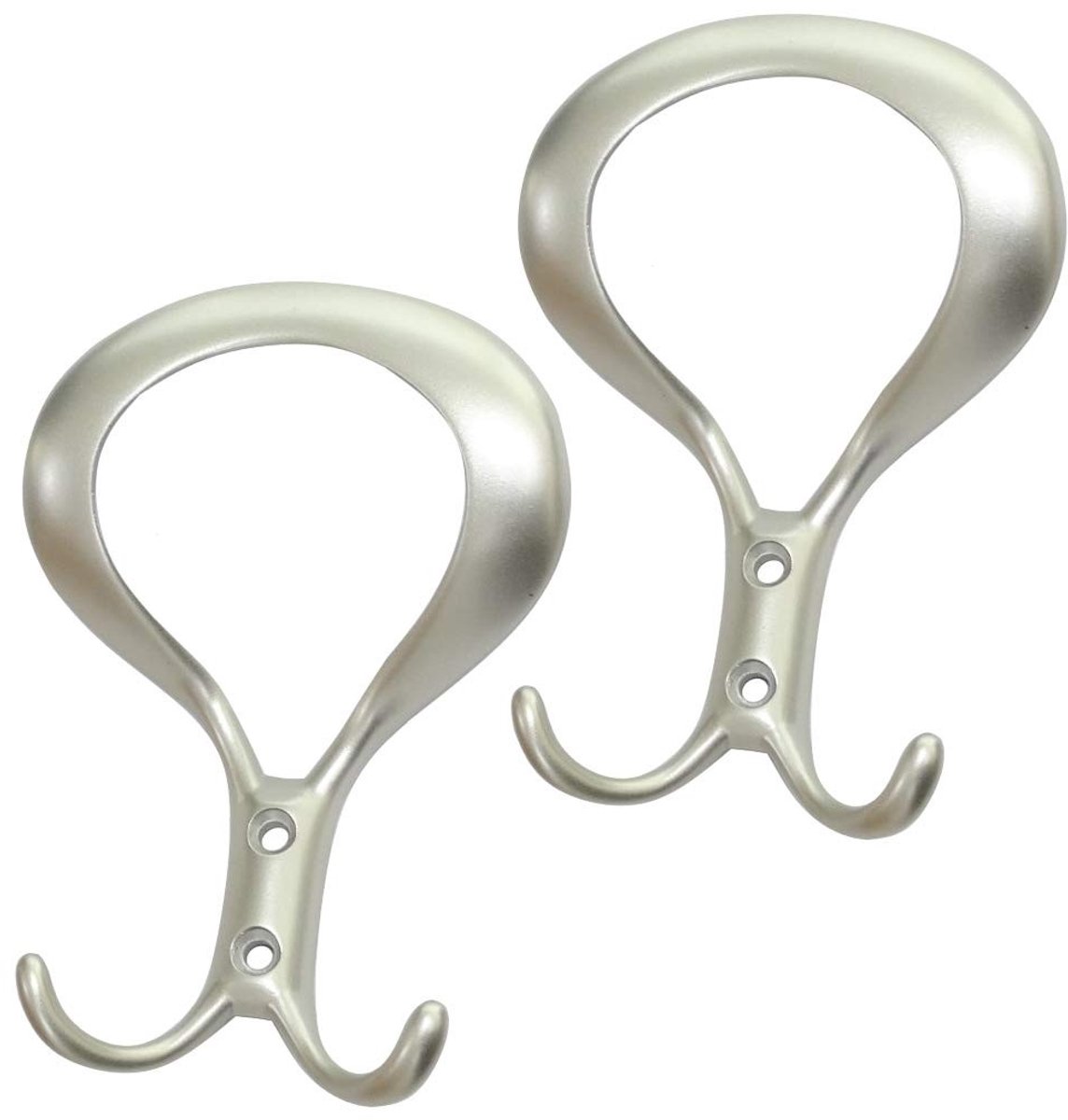 Dailygoods- Wandhaken Set van 2 - Zilverkleurig Satijn - Metaal - Afmetingen 128/87 mm - Voor Deuren/Meubels - Serie Vistule - Haak
