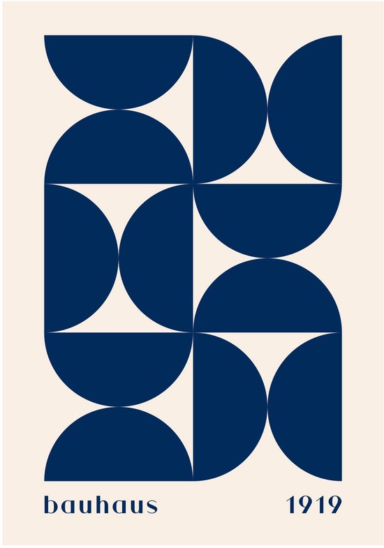 Beige poster met donkerblauwe geometrische halve cirkels en tekst 'bauhaus 1919'.
