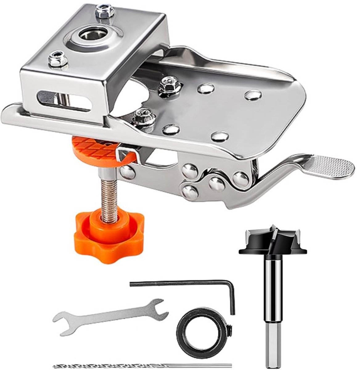 Dailygoods- Scharnier Jig Kit Roestvrij Staal 35mm - Verstelbare Marges 3-7mm - Boormal voor Scharniergaten - Geschikt voor Kastdeuren - Houtbewerkingsgereedschap - Compleet met Boor en Sleutels