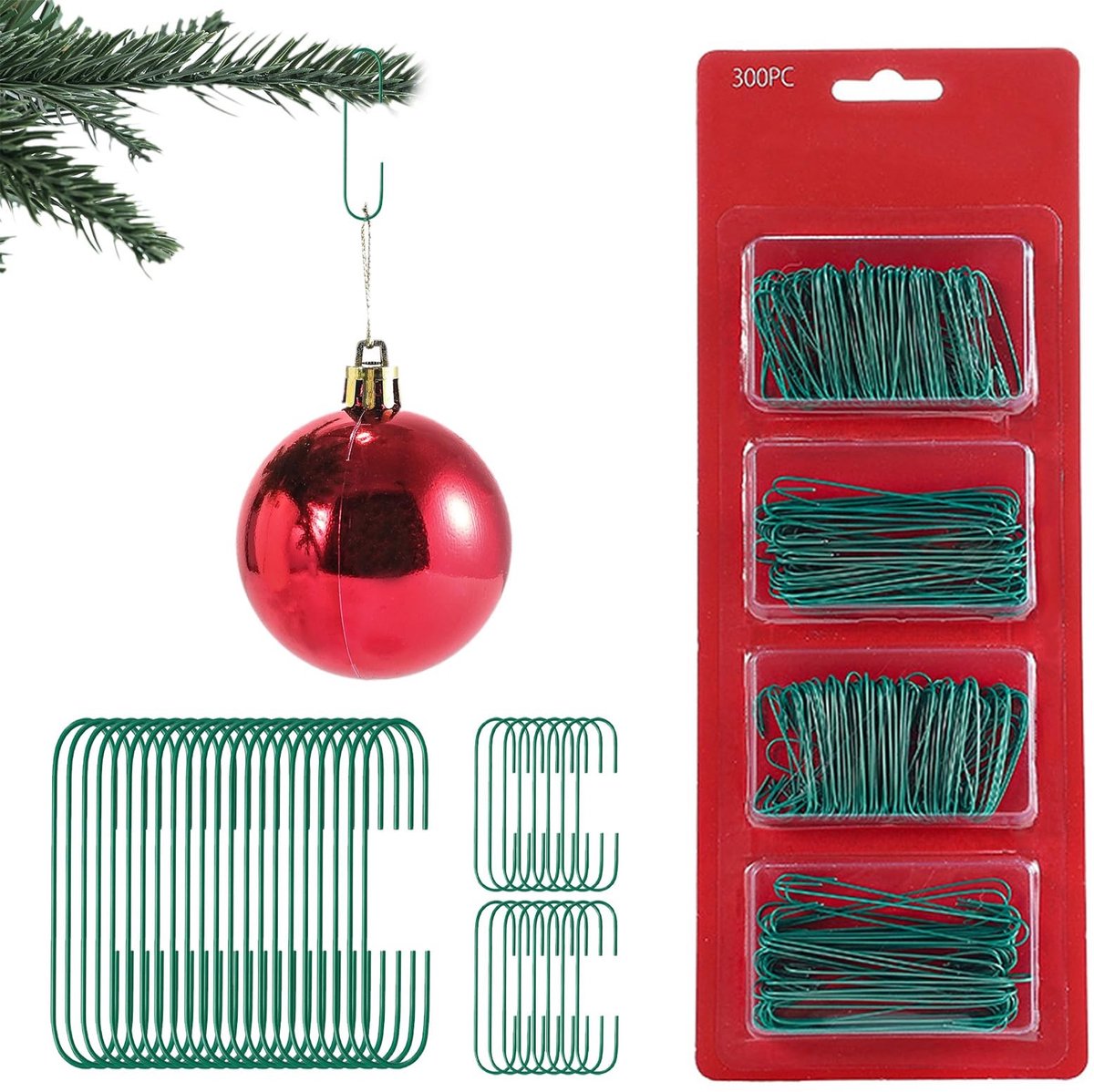 Dailygoods- Kerstornamenten 300 stuks - Haken voor kerstballen - Herbruikbare kerstboomhaken - 3,4 cm/6,4 cm - Groene kerstdecoratiehaken - Praktische dubbele haken