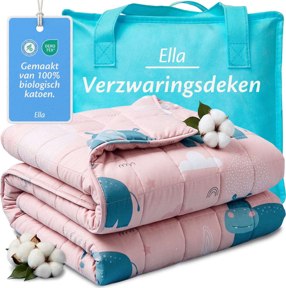 Ella Verzwaringsdeken Kind 3,2kg - OEKO-TEX Katoen Zwaartedeken 100 x 150cm - Weighted Blanket - Verzwaarde Deken Roze Nijlpaard