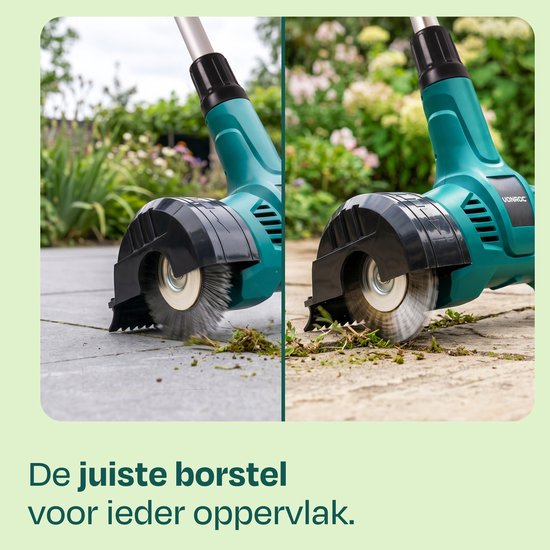 Side-by-side vergelijking van de elektrische onkruidborstel met nylon borstel op tegels en staalborstel op hout.