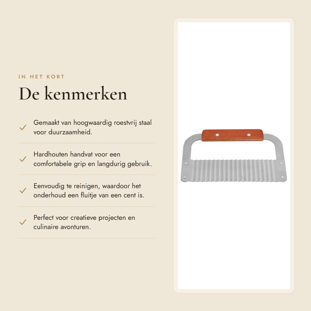 Dailygoods- Groentesnijder Roestvrij Staal - Golfzeepsnijder - Handmatige Snijder - Hardhouten Handvat - Duurzaam - Afmetingen 18,5 x 12 x 1,5 cm