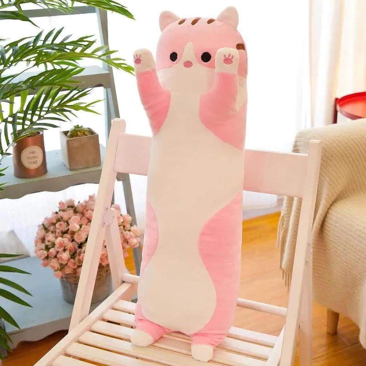 Pluche Kat Kussen - Lange Knuffel Kat - Ontspannen en Knuffelen - Zacht PP-Katoen Vulling - 130 cm - Roze
