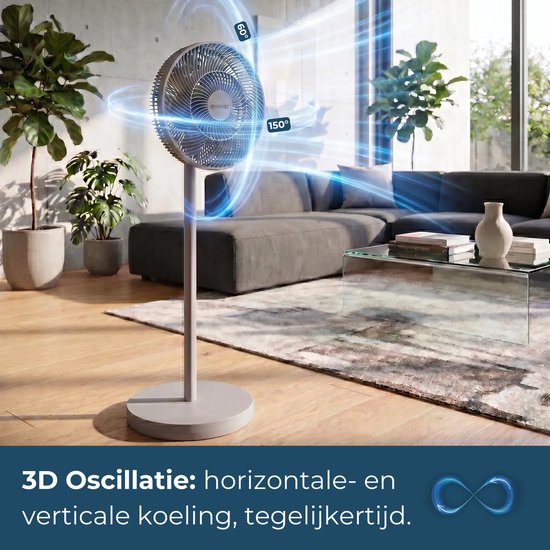 Grijze staande ventilator met 3D oscillatie voor horizontale en verticale koeling. Beschikt over ingebouwde sfeerverlichting.